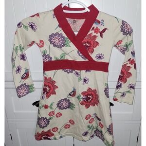 Tea Collection Girls Size 5 Floral Bird Print Faux Wrap Long Sleeve Cotton Dress